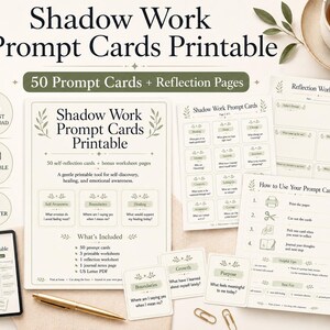 May include: A collection of printable shadow work prompt cards and reflection pages. The cards feature prompts for self-discovery, healing, and emotional awareness. Includes a journal notes page and worksheets. The text on the cards includes "Shadow Work Prompt Cards Printable" and "50 Prompt Cards + Reflection Pages".