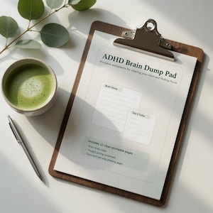 Peut inclure: Un presse-papiers en bois contient une feuille de papier blanche avec le texte "ADHD Brain Dump Pad". Le papier comprend des sections pour un "brain dump" et les 3 tâches principales. Une tasse de thé matcha vert et un stylo sont à côté.