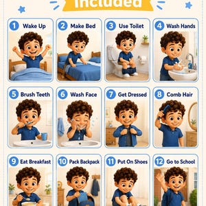 Peut inclure: Guide illustré en 12 étapes pour une routine matinale : se réveiller, faire son lit, aller aux toilettes, se laver les mains, se brosser les dents, se laver le visage, s'habiller, se coiffer, prendre son petit-déjeuner, préparer son sac à dos, mettre ses chaussures et aller à l'école.