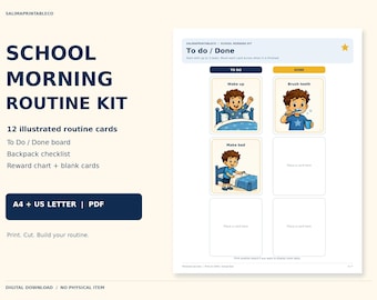 May include: A School Morning Routine Kit digital download featuring a To Do and Done board with illustrated cards. The board includes sections for tasks like Wake up, Brush teeth, and Make bed. Text includes School Morning Routine Kit, A4 + US Letter, and PDF.