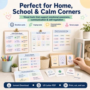 Peut inclure: Ensemble d'outils visuels pour la conscience émotionnelle et l'autorégulation, comprenant des cartes d'émotions, des outils d'adaptation et des pages sensorielles. L'image présente un tableau de choix calme, des tableaux de sentiments et des aides à la communication.