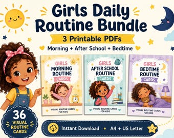 May include: A digital bundle of 36 printable routine cards for kids, featuring three sets titled Girls Morning Routine, After School Routine, and Bedtime Routine. The graphics include a cartoon girl, a sun, a moon, and stars on a light background.