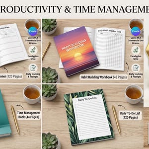 Productivity Planner Bundle, Time Management Workbook, Habit Tracker, Goal Setting Journal, Daily To Do List, PLR Commercial Use