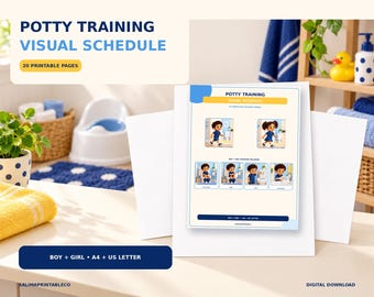 May include: A potty training visual schedule with 20 printable pages. The document features illustrations of children in blue clothing performing bathroom routine steps, including text labels for each action. It is available in US Letter size.