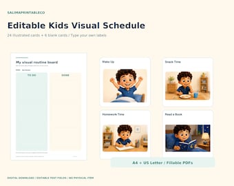 May include: An editable kids visual schedule digital download featuring a routine board with To Do and Done columns, plus 24 illustrated cards and 6 blank cards. The cards show a cartoon child performing tasks like waking up, snacking, homework, and reading.