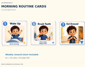 May include: Morning routine cards featuring 12 visual steps for boys. Three cards are shown: 1 Wake Up with text Good morning!, 5 Brush Teeth with text Clean teeth, happy smile!, and 7 Get Dressed. Includes a weekly reward chart in A4 and US Letter.