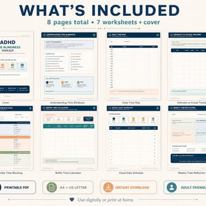 May include: An ADHD time blindness toolkit featuring eight pages total, including a cover and seven worksheets. The pages include Understanding Time Blindness, Daily Time Map, Estimate vs Actual Tracker, ADHD-Friendly Time Blocking, Buffer Time Calculator, Visual Daily Schedule, and Weekly Time Reflection. The design uses a professional layout with blue, orange, and green accents.