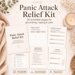 Puede incluir: Un kit de alivio para ataques de pánico con 30 páginas imprimibles. El kit incluye una portada, un inventario de disparadores, una hoja de pensamientos durante el pánico, herramientas de conexión a tierra, reinicio y un plan de calma.