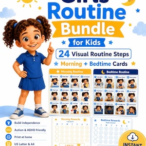 Peut inclure: Un ensemble de routine pour filles comprenant 24 étapes visuelles, des cartes pour le matin et le soir, et des tableaux de récompenses. Le graphique présente un personnage de dessin animé, du texte et des icônes pour l'autonomie et l'impression.
