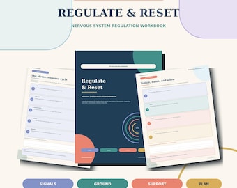 May include: A 36-page printable workbook titled Regulate & Reset Nervous System Regulation Workbook. The cover is dark blue with colorful circles and tabs. Two interior pages show the stress-response cycle and notice, name, and allow sections.