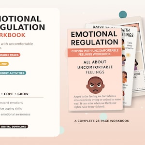 Peut inclure: Un cahier d'exercices sur la régulation émotionnelle comprenant 28 pages imprimables au format PDF numérique. La couverture affiche le texte Emotional Regulation, Coping With Uncomfortable Feelings Workbook et All About Uncomfortable Feelings.