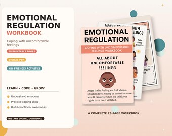 May include: An emotional regulation workbook featuring 28 printable pages in a digital PDF format. The cover displays the text Emotional Regulation, Coping With Uncomfortable Feelings Workbook, and All About Uncomfortable Feelings with an angry face icon.