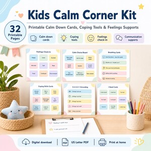 Peut inclure: Un kit Kids Calm Corner avec 32 pages imprimables. Comprend des cartes de calme, des outils d'adaptation, un bilan des sentiments et des supports de communication. Comprend des cartes colorées et un presse-papiers avec un crayon.