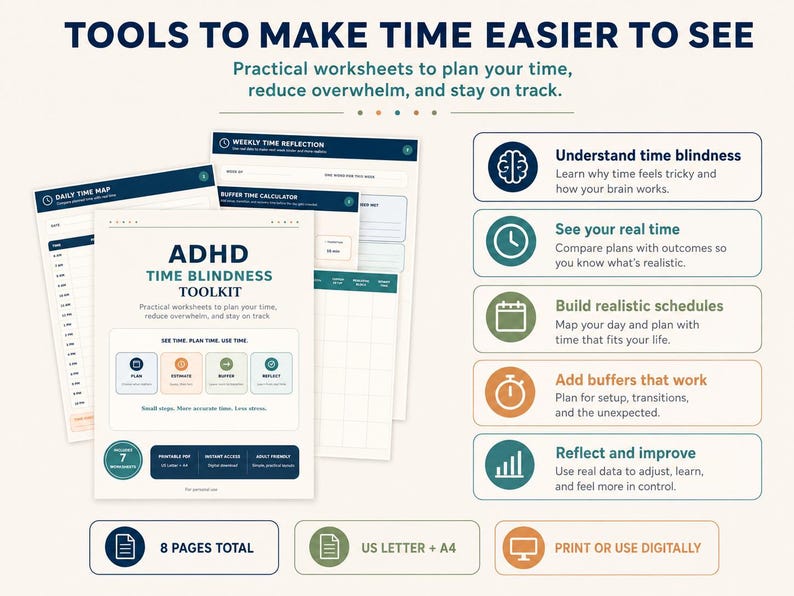 May include: An ADHD Time Blindness Toolkit featuring printable worksheets for time management. The document includes a Daily Time Map, Weekly Time Reflection, and Buffer Time Calculator. It offers 8 pages total in US Letter and A4 sizes for print or digital use.
