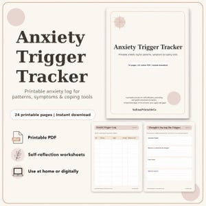 Peut inclure: Un ensemble de documents PDF imprimables Anxiety Trigger Tracker comprenant une page de couverture et deux feuilles de travail intitulées Quick Trigger Log et Thoughts During the Trigger. Le design utilise des tons neutres et du texte sombre.