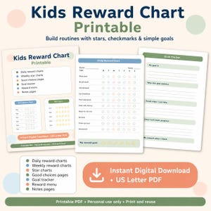 Peut inclure: Un tableau de récompenses pour enfants imprimable avec le texte "Kids Reward Chart Printable". Le tableau comprend des graphiques de récompenses quotidiens, des graphiques d'étoiles hebdomadaires, des suivis d'objectifs et des pages de notes. Il s'agit d'un téléchargement numérique au format PDF US Letter.