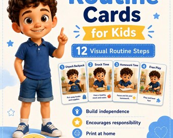 May include: After School Routine Cards for Kids featuring a cartoon boy in a blue polo and shorts. Includes 12 visual routine steps, instant download, and printable formats for US Letter and A4. The cards show tasks like unpacking, snacking, homework, and play.