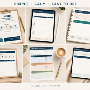 May include: A collection of ADHD time management planning sheets and digital templates featuring a daily time map, buffer time calculator, visual daily schedule, time blocking guide, and estimate vs actual tracker with blue, orange, and green accents.