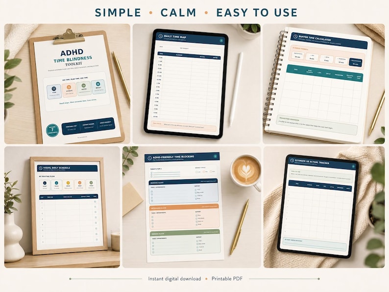 May include: A collection of ADHD time management planning sheets and digital templates featuring a daily time map, buffer time calculator, visual daily schedule, time blocking guide, and estimate vs actual tracker with blue, orange, and green accents.