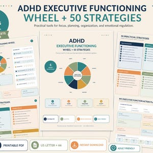 Peut inclure: Un ensemble de six feuilles de travail imprimables sur les fonctions exécutives TDAH et une page de couverture avec une roue codée par couleur, 50 stratégies pratiques pour la concentration, la planification et l'organisation, et un plan d'action.