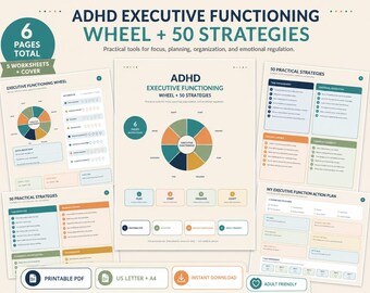 May include: A set of six printable ADHD executive functioning worksheets and a cover page featuring a color-coded wheel, 50 practical strategies for focus, planning, and organization, and an action plan. The documents are available in US Letter size.
