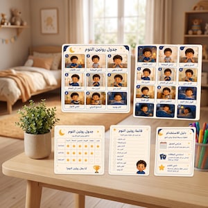 Peut inclure: Un ensemble de tableaux et de listes de contrôle pour la routine du coucher, illustrés par un enfant effectuant des tâches comme se laver, lire et dormir. Les cartes incluent du texte arabe, des étapes numérotées, des étoiles de suivi et des guides.