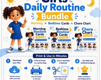 May include: A digital Girls Daily Routine Bundle featuring morning, bedtime, and chore chart cards. The graphic includes a cartoon girl, step-by-step instructions for downloading and printing, and text indicating US Letter and A4 size compatibility.
