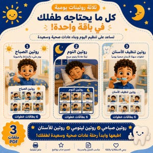 Peut inclure: Un tableau éducatif numérique présentant trois routines quotidiennes pour enfants : matin, coucher et brossage des dents. Chaque section inclut une illustration de personnage et six cartes d'étapes visuelles. Le design utilise du bleu, du jaune et du blanc avec du texte arabe.