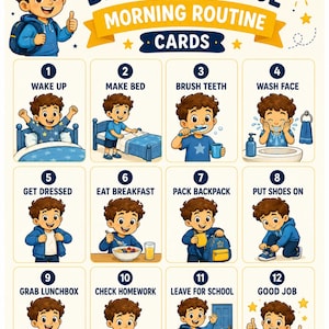 Peut inclure: Une affiche Back to School Morning Routine Cards présentant douze illustrations numérotées d'un garçon effectuant des tâches quotidiennes. Chaque carré montre une étape, du réveil et du lit fait au petit-déjeuner, au sac à dos et au départ.