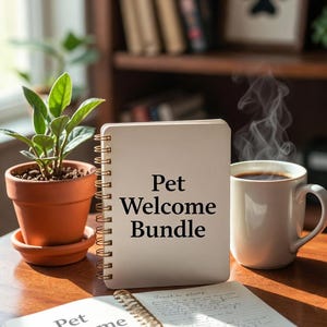 Peut inclure: Un carnet à spirales blanc posé verticalement avec le texte Pet Welcome Bundle imprimé en noir, accompagné d'un carnet ouvert portant le même texte, d'une plante verte dans un pot en terre cuite et d'une tasse blanche avec un liquide fumant.