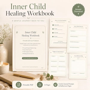 Peut inclure: Un "Cahier de guérison de l'enfant intérieur" beige avec le texte "Cahier d'auto-soins imprimable". Le cahier comprend des invites de journal, des pratiques d'auto-compassion et des outils de guérison. L'image montre également des pages supplémentaires et un stylo.