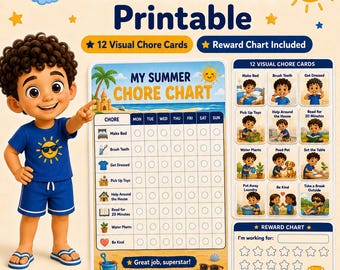Kids Summer Chore Chart Printable, Visual Chore Cards for Kids, Reward Chart, Toddler Responsibility Chart PDF