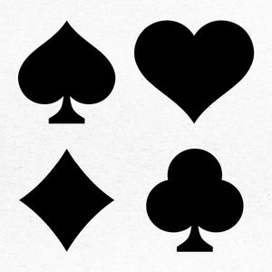 May include: Four black playing card suit symbols: spade, heart, diamond, and club. The spade is a black inverted teardrop shape with a stem. The heart is a black heart shape. The diamond is a black diamond shape. The club is a black trefoil shape.