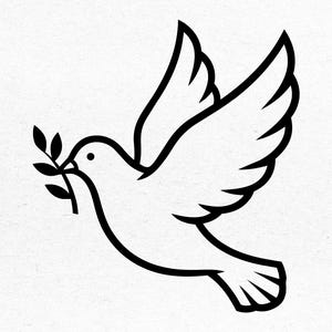May include: A black and white line drawing of a dove in flight, carrying an olive branch in its beak. The dove has outstretched wings and is depicted with simple, bold lines against a white background. The image conveys peace and tranquility.