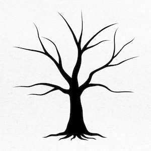 Könnte beinhalten: Eine schwarze Silhouette eines kahlen Baumes vor weißem Hintergrund. Der Baum hat einen dicken Stamm, sich ausbreitende Äste und sichtbare Wurzeln. Das Bild ist eine einfache, grafische Darstellung eines Baumes.