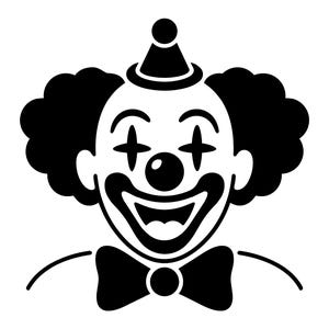K&ouml;nnte beinhalten: Schwarz-Wei&szlig;-Illustration eines Clown-Gesichts. Der Clown hat eine runde Nase, ein breites L&auml;cheln und eine Fliege. Das Haar des Clowns ist eine gro&szlig;e, flauschige Afro-Frisur, und er tr&auml;gt einen kleinen Hut.