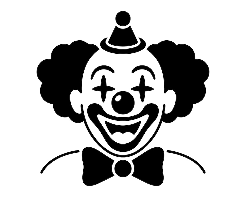 K&ouml;nnte beinhalten: Schwarz-Wei&szlig;-Illustration eines Clown-Gesichts. Der Clown hat eine runde Nase, ein breites L&auml;cheln und eine Fliege. Das Haar des Clowns ist eine gro&szlig;e, flauschige Afro-Frisur, und er tr&auml;gt einen kleinen Hut.