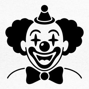 K&ouml;nnte beinhalten: Schwarz-Wei&szlig;-Illustration eines l&auml;chelnden Clowngesichts. Der Clown hat eine runde rote Nase, eine schwarze Fliege und einen kleinen Hut. Das Haar des Clowns ist eine gro&szlig;e, flauschige schwarze Afro-Frisur.