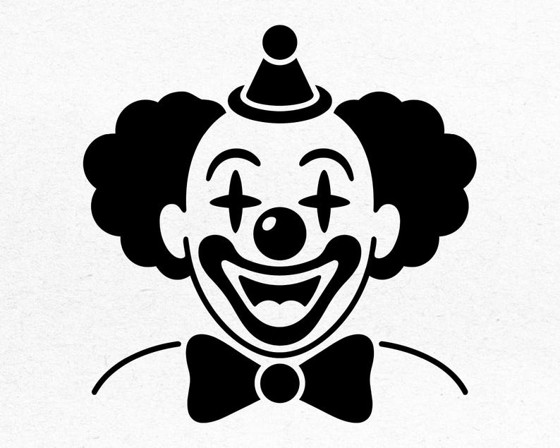 K&ouml;nnte beinhalten: Schwarz-Wei&szlig;-Illustration eines l&auml;chelnden Clowngesichts. Der Clown hat eine runde rote Nase, eine schwarze Fliege und einen kleinen Hut. Das Haar des Clowns ist eine gro&szlig;e, flauschige schwarze Afro-Frisur.
