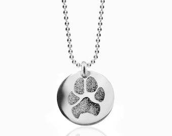 Actual paw print personalized pendant bead ball chain necklace in solid sterling silver • Pet remembrance memorial jewelry Gifts for him