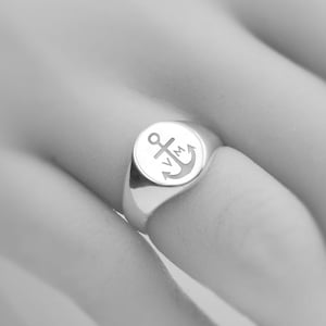 Anchor couples initials signet ring • Personalized custom engraved nautical Solid Sterling Silver Signature Statement Ring • Unisex sizing
