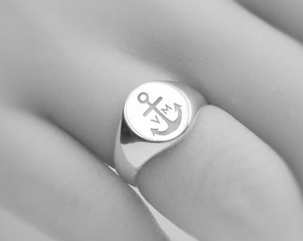Anchor couples initials signet ring • Personalized custom engraved nautical Solid Sterling Silver Signature Statement Ring • Unisex sizing