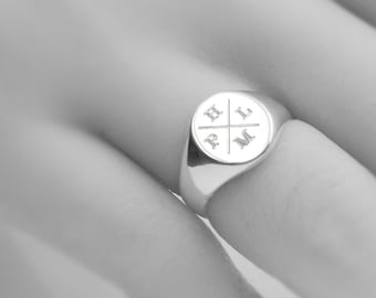 Family Initials Signet Ring Personalized Engraved Solid Sterling Silver Signature Statement Ring  - US sizes 4 5 6 7 8 9 10 11 Unisex