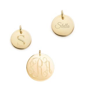 custom engraved pendant in yellow or rose gold fill or sterling silver MONOGRAM charm • various diameters • initials, words, names or dates