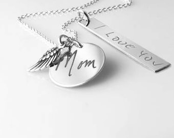Actual handwriting round & vertical nameplate pendant with Angel wing charm necklace in sterling silver • custom engraved necklace