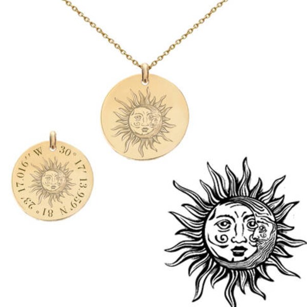 Celestial Total eclipse sun & moon necklace • Custom GPS coordinate necklace in all 14k gold filled • unique personalized engraved  gifts