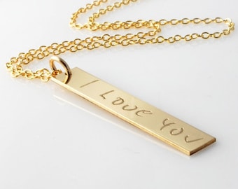 Solid 14K Gold Actual Handwriting & signatures custom engraved vertical bar nameplate necklace - Real gold memorial personalized jewelry