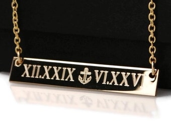 Roman Numeral engraved horizontal Bar nameplate necklace • nautical • personalized Wedding dates Engagement Birthdays all 14k GOLD filled