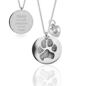 Your pet's actual paw print pendant necklace with puffed heart charm in sterling silver or yellow gold fill • Pet loss jewelry