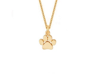 Petite paw print pendant initial charm necklace in solid 14k yellow gold • Dog and cat pet lover memorial dainty pendant necklace